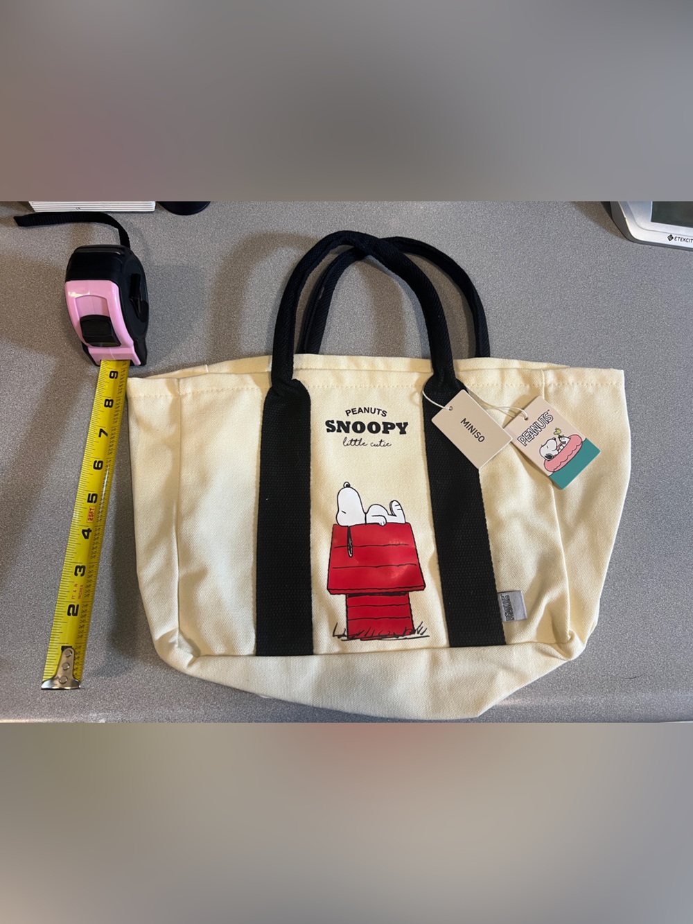 Peanuts Snoopy Canvas mini Tote Bag in Cream with Black Handles